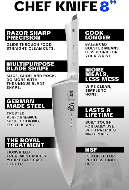 Dalstrong Chef Knife - 8 inch Blade - Forged HC German Steel Chef's Knife - Full Tang - Glacial White ABS Handle - Gladiator Series - Razor Sharp Kitchen - Professional - Sheath - NSF Certified