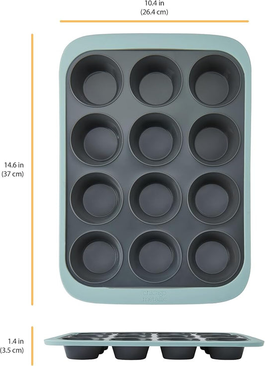 Chicago Metallic 12-Cup Silicone Muffin Pan, Blue - Nonstick Cupcake Baking Pan with Wire-Reinforced Rim, Oven Safe to 428F, Dishwasher Safe, 14.6 x 10.43 Inches