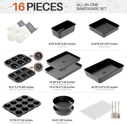16-Piece Baking Pan Set, Nonstick Bakeware Set with Rack, Oven Mitts, Donut Pan, and Heart Pan, Stackable Carbon Steel Baking Set with Kitchen Utensils, Black