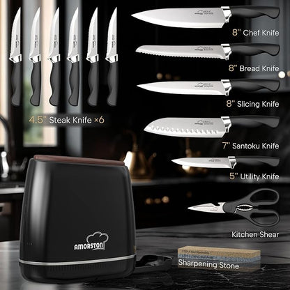 Knife Set, Amorston 14-Piece Kitchen Knives Set with Block & Sharpening Stone, Stainless Steel Dishwasher Safe, Knife Block Set with Ergonomic Handle, Professional Kitchen Knives for Home Cooking