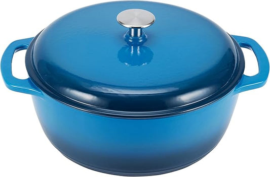 Amazon Basics Enameled Cast Iron Dutch Oven Pot with Lid, Round, Dual Handles, Heavy-Duty, Oven Safe for Stews, Roasting, Baking,4.3-Quart, Blue