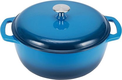 Amazon Basics Enameled Cast Iron Dutch Oven Pot with Lid, Round, Dual Handles, Heavy-Duty, Oven Safe for Stews, Roasting, Baking, 6-Quart, Blue