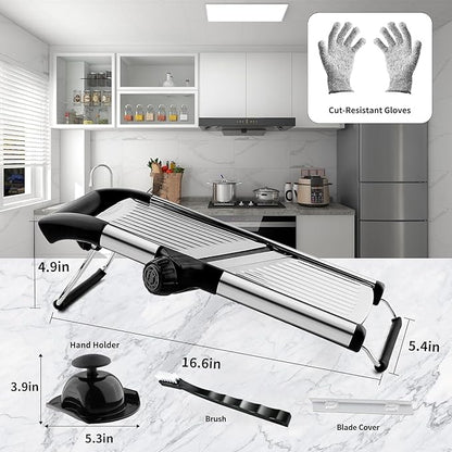 VEKAYA Mandoline Slicer, Mandoline Slicer for Kitchen, Adjustable Mandolin, Stainless Steel Mandoline, Vegetable Slicer, Potato, Onion, Cucumber, Tomato, Veggie Slicer with Cut-Resistant Gloves