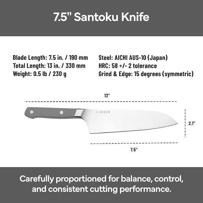 Misen Japanese Santoku Chef Knife - 7.5 Inch High Carbon Stainless Steel - Classic Japanese Knife Design for Cutting, Slicing, and Chopping - Razor Sharp Japanese Style Kitchen Knife, Gray