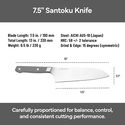 Misen Japanese Santoku Chef Knife - 7.5 Inch High Carbon Stainless Steel - Classic Japanese Knife Design for Cutting, Slicing, and Chopping - Razor Sharp Japanese Style Kitchen Knife, Gray