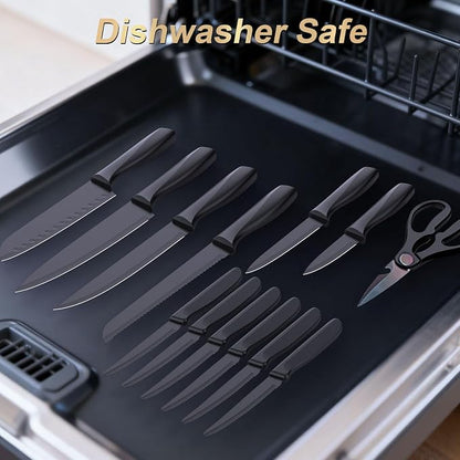 Kitchen Knife Set with Block - 15 Pieces Knife Sets with Built-in Sharpener, Dishwasher Safe, Stainless Steel Blades Kitchen Knives