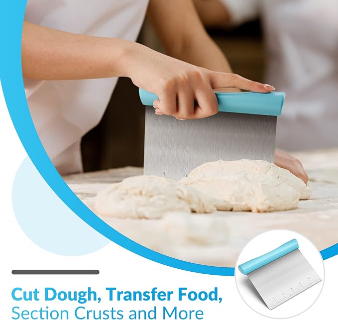 Upgraded 304 Stainless Steel Multi-Purpose Bench Scraper with Measurement Marks, Dishwasher Safe, Dough Cutter for Pizza, Bread and Cookie Dough Vegetable Chopper, Baking Supplies, Blue
