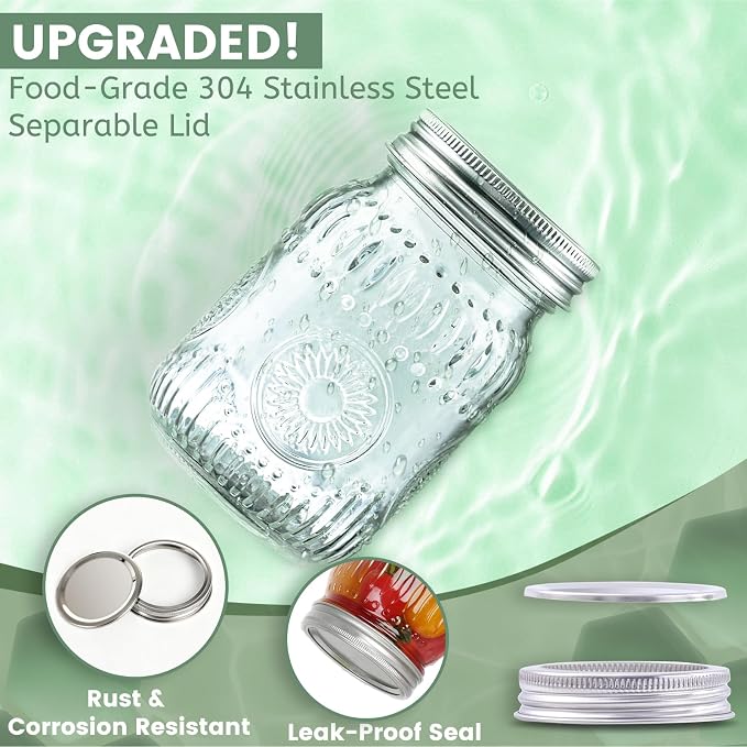 16oz Mason Jars with Airtight Rust-Proof 304 Stainless Steel Lids and Bands, 4 Pack with Elegant Sunflower Embossing, Pint Glass Jars for Meal Prep, Pickling, Overnight Oats, Dry Food & DIY Crafts