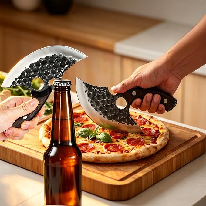 6PCS Kitchen Knife Set Kitchen High Carbon Steel Hand Forged Sharp Chef Knives All Purpose for Home and Outdoor Cooking Non Stick Hammer Finish Ergonomic Wood Handle with Leather Sheath - Black