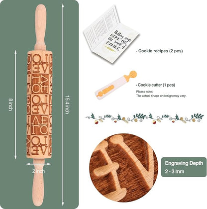 LOVE Embossed Rolling Pins for Cookies, Wooden Engraved Rolling Pins for Baking, Valentine Patterned Embossing Rolling Pin with Designs Decorative Springerle Cookie Mold Stamp Clay Pattern Roller