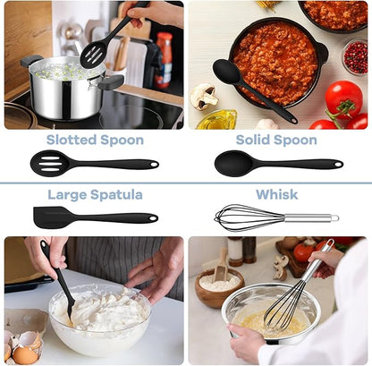 TeamFar Silicone Cooking Utensils Set, 8 PCS Kitchen Utensils Set, 446°F Heat Resistant, Turner, Spatula, Spoon, Whisk, Kitchen Cooking Gadgets Tools for Nonstick Cookware, Dishwasher Safe-Black