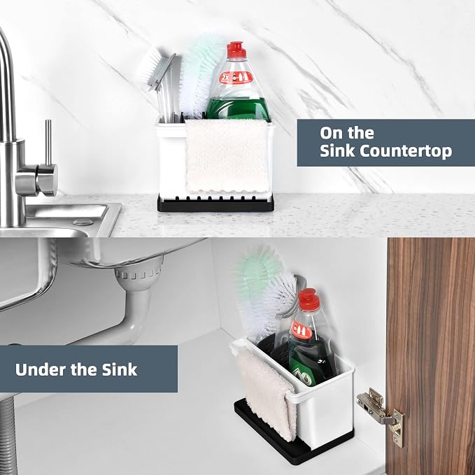 JOMOLA Kitchen Sink Organizer Dish Brush Sponge Holder Caddy Toothbrush Holders for Bathrooms Sinkware Kitchen Utensil Holder Sink Caddy Organizer with 4 Separate Dividers Removable Drain Tray (Black)