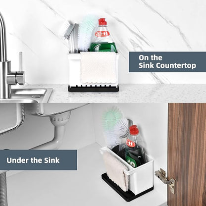JOMOLA Kitchen Sink Organizer Dish Brush Sponge Holder Caddy Toothbrush Holders for Bathrooms Sinkware Kitchen Utensil Holder Sink Caddy Organizer with 4 Separate Dividers Removable Drain Tray (Black)