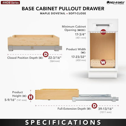 Rev-A-Shelf Standard Pullout Kitchen Cabinet Organizer with BLUM Soft-Close for Base Cabinets, Min Opening Width of 17.75", Wood, 4WDB-18SC-1