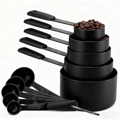 Bopei Measuring Cups and Spoons Set, Titanium-Plated Matte Black Stainless Steel 10 Piece for Cooking and Baking (5 Cups + 5 Spoons All Black)