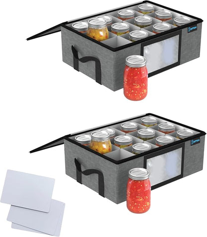 2Pk 16 oz Pint Mason Jar Organizer, Sturdy Pantry Canning Jar Storage Containers, Holds 12 Pint Size Ball Mason Jars, Foldable Canning Organizer, Stackable Home Storage Box w/Lid & Label holder