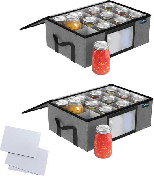 2Pk 16 oz Pint Mason Jar Organizer, Sturdy Pantry Canning Jar Storage Containers, Holds 12 Pint Size Ball Mason Jars, Foldable Canning Organizer, Stackable Home Storage Box w/Lid & Label holder