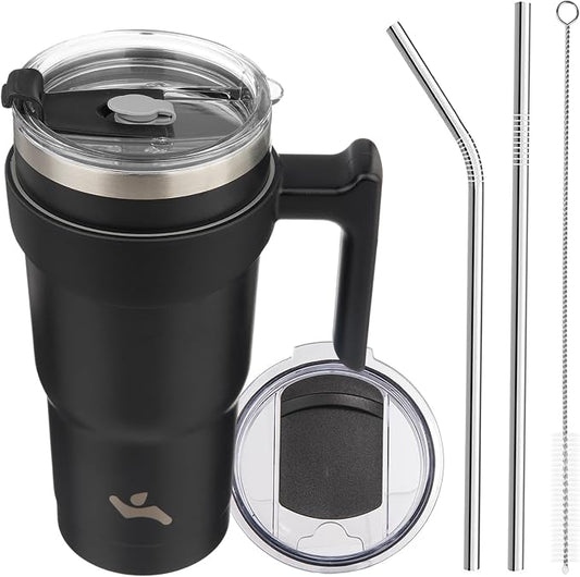 Konokyo 20 oz Tumbler with Handle and 2 Straw 2 Lid, Insulated Water Bottle Stainless Steel Vacuum Cup Reusable Travel Mug,Black