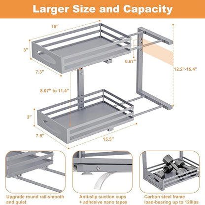 Under Sink Organizer, 2 Tier Under Sink Organizers and Storage, Adjustable Height, Slide out Metal Cabinet Organizers, Pull out Cabinet Storage Drawer Shelf for Kitchen Bathroom (Gray, 1 Pack)