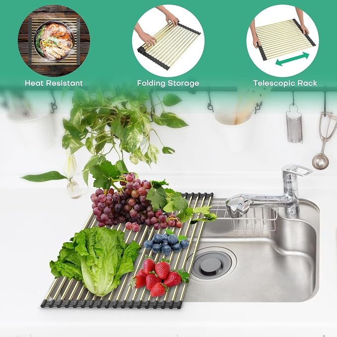 Expandable Roll Up Dish Drying Rack, Adjustable Large Over The Sink Rack Draining Rack (Max Extends to 21.25”) for Stainless Steel Sinks, Collapsible Silicone Rolling Up Rack 18 Tube for Kitchen, Gold