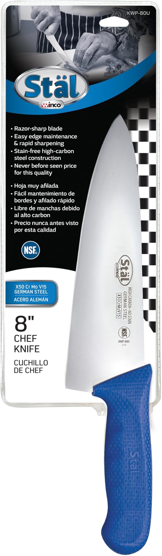 Winco 8" Commercial-Grade Chef's Knife with German Steel Blade, Blue
