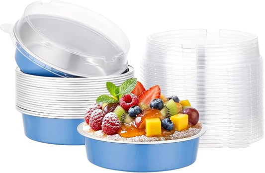 Beasea Mini Tart Pans with Lids 20 Pack, 4" 7.3oz Disposable Aluminum Foil Baking Tins Cups Round Pie Container for Individual Cupcake Dessert Muffin Cheesecake Quiche - Moon Blue