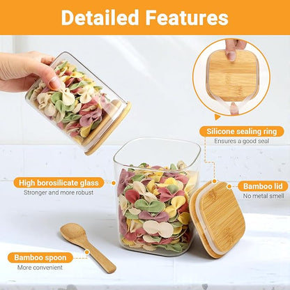 Square Glass Jars with Bamboo Lids, 2 Pack 29 Fl.oz Glass Canister with Lids, Clear Flour Sugar Storage Containers Food Jars for Tea, Coffee Bean, Cereal - Set Includes Labels, Marker and Spoon