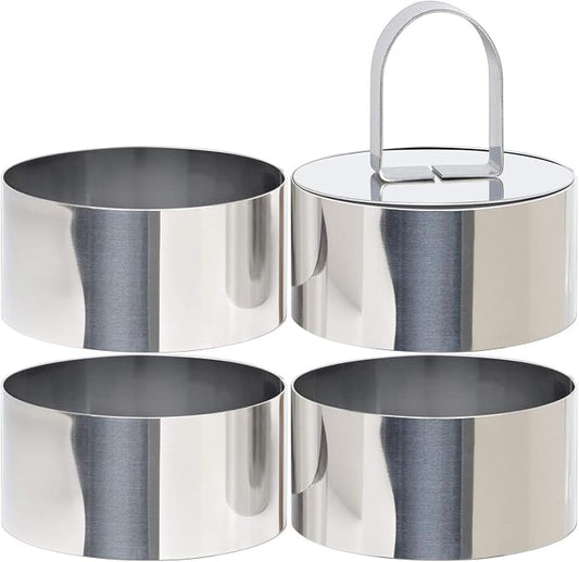 HULISEN Round Cake Ring Mold, Stainless Steel 3” Cooking Crumpet Rings with 1 Pusher & 4 Food Form, Tuna Tartare Mold for Pancake, Salad, Mousse