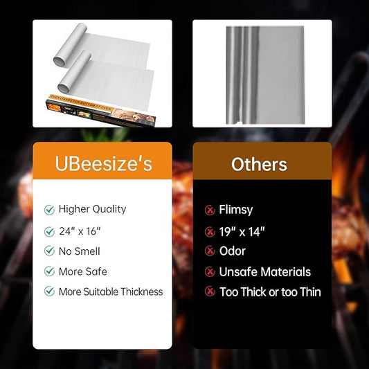 UBeesize 2 Pack Thickened Silver Oven Liners for Bottom of Oven BPA & PFOA Free, Reusable 16x24 Inch Heavy Duty Non Stick Teflon Oven Mats, Fit Electric Gas Toaster Convection Microwave Ovens Grills