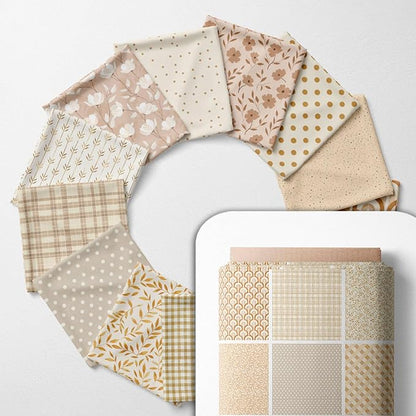 Cotton Satin Patchwork Fabric Panel – 35 Designs, 20×20 cm Squares, Single Piece 150×110 cm, Neutral Beige Quilt Fabric (Golden Beige Patchwork Set, 35pcs 8x8 inch)
