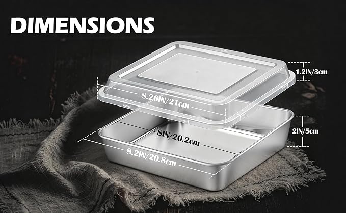 Leonyo Stainless Steel 8x8 Baking Pan with Lids, 1 Set Metal 8IN x 8IN Square Cake Pans with Lids, Commercial Brownie Pans Baking Dish for Lemon Bars, Dishwasher Safe(Except for Plastic Lids)