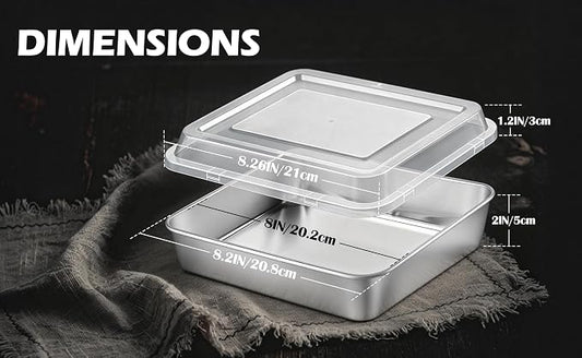 Leonyo Stainless Steel 8x8 Baking Pan with Lids, 1 Set Metal 8IN x 8IN Square Cake Pans with Lids, Commercial Brownie Pans Baking Dish for Lemon Bars, Dishwasher Safe(Except for Plastic Lids)