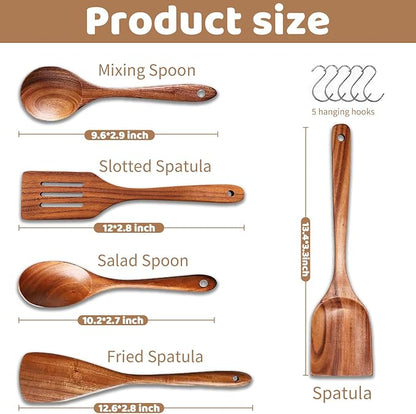 5 PCs Teak Wooden Utensil Set with Hooks, Wooden Spoons for Cooking, Wood Cooking Utensils Set, Comfort Grip, Non Stick Cookware, Easy to Clean, Kitchen Stuff, Wood Spatula