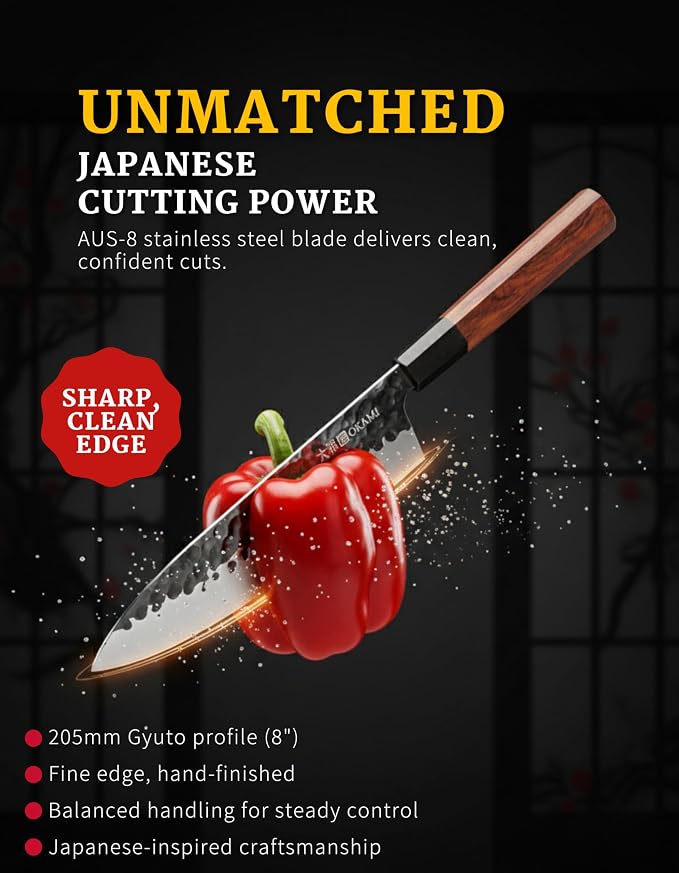 Classic Chef Knife 8 Inch – Japanese AUS 8 Steel Gyuto Knife, Ultrasharp & Perfectly Balanced Kitchen Knife with Rosewood & Ebony Handle for All Your Kitchen Tasks