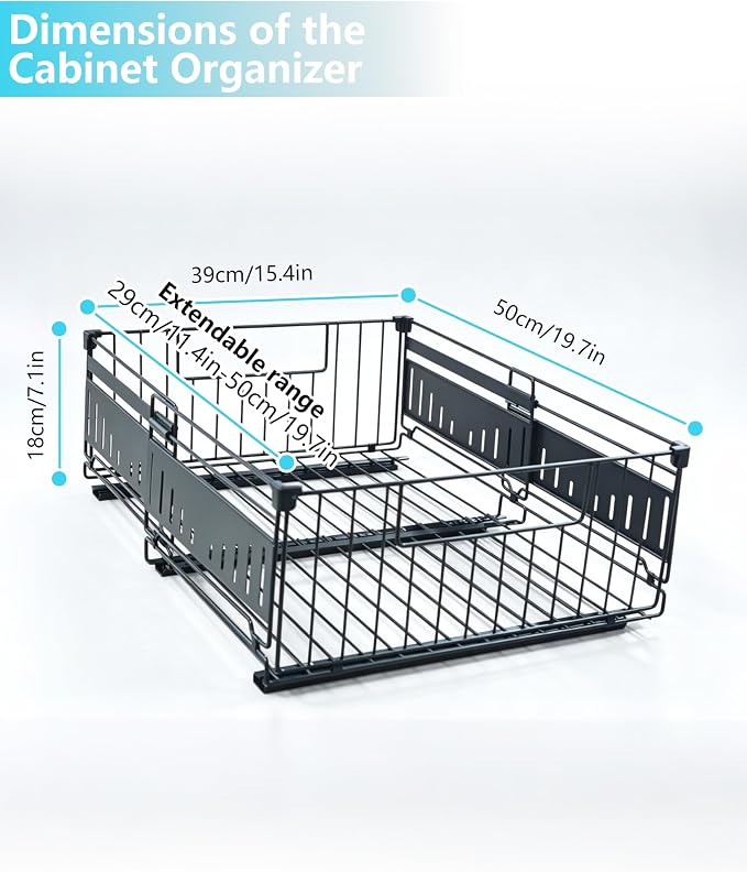 KimHong 2 Pack Pull Out Cabinet Organizer, Expandable Drawer Organizer with Adjustable Width 12.4"-19.5", Adhesive No Drill Under Cabinet Shelves for Home Kitchen Pantry with Silent Slides