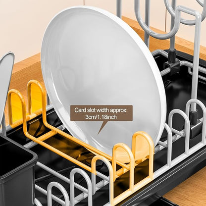 Compact Dish Drying Rack for Countertop, Small-Sized for Dorms, RVs & Tiny Kitchens, Auto-Drain, Adjustable Slots, Rust-Resistant with Utensil Caddy & Sponge Holder (G er y)