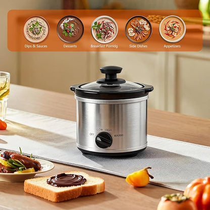 Mini Slow Cooker, 0.65 Qt Capacity small slow cooker, Ceramic Pot, Nutrient Loss Reduction, For Sauces, Stews & Dips, Round (ss with temp. knob)