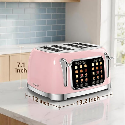 RONGBEST Retro Toaster 4 Slice with Stainless Steel Wide Slot Touchscreen for Family Breakfast, Reheat & Defrost, 6 Browning Levels for Bagel & Bread, Removable Crumb Tray, Blush Pink