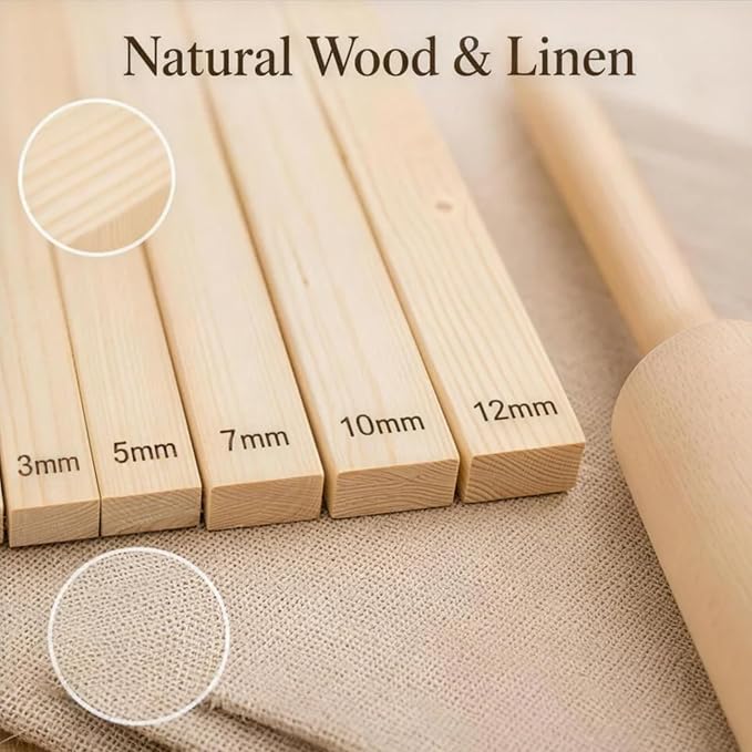 12 PCS Pottery Tools Set, Wooden Clay Rolling Pin with 10 Rolling Pin Guides & Linen Mat, Slab Roller for Clay Pottery