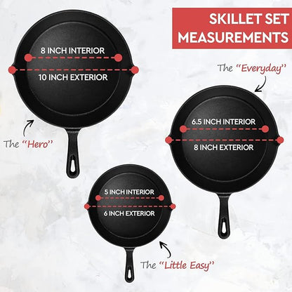 Cast Iron Skillet 3-Piece Set - Heavy-Duty Professional Restaurant Chef Quality Pre-Seasoned Pan Cookware Set - 10", 8", 6.2" - Frying, Saute, Cooking, Pizza & More, Charcoal Grey