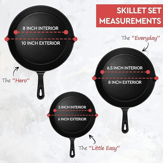 Cast Iron Skillet 3-Piece Set - Heavy-Duty Professional Restaurant Chef Quality Pre-Seasoned Pan Cookware Set - 10", 8", 6.2" - Frying, Saute, Cooking, Pizza & More, Charcoal Grey