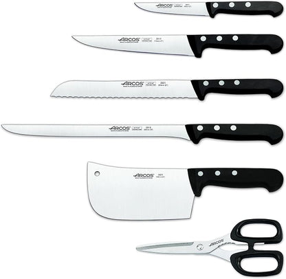 ARCOS Knife Set 6 pieces Nitrum Stainless Steel. 3760 gr. Pine Wood Block. Ergonomic Polyoxymethylene POM Handle. Series Universal. Greater control. Color Black.