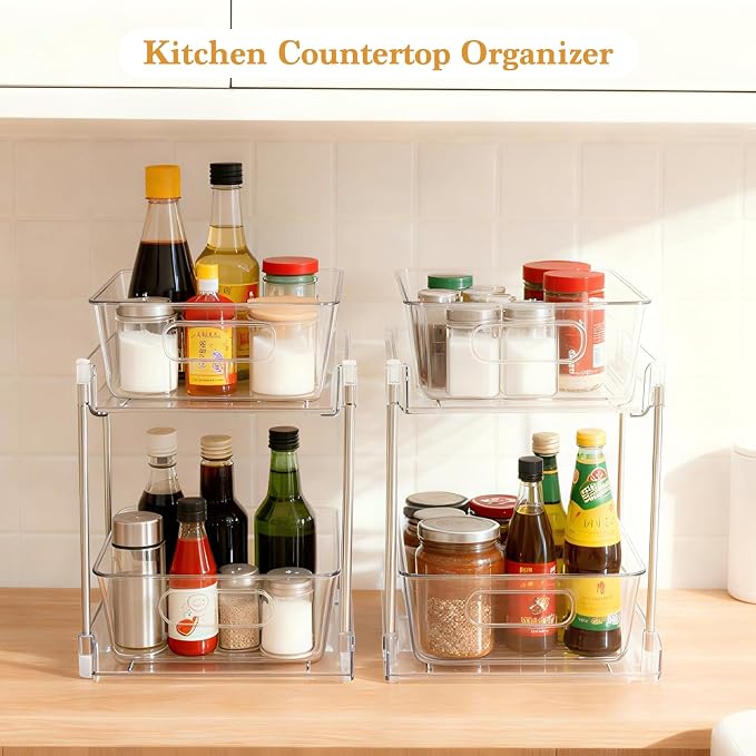 4 Pack Bathroom Organizers and Storage, 2-Tier Clear Under Sink Organizer, Vanity Counter Storage, Medicine Cabinet Organization, Pull-Out Cabinet Organizer With Track For Bathroom, Kitchen, Pantry