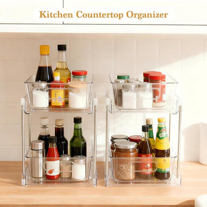 4 Pack Bathroom Organizers and Storage, 2-Tier Clear Under Sink Organizer, Vanity Counter Storage, Medicine Cabinet Organization, Pull-Out Cabinet Organizer With Track For Bathroom, Kitchen, Pantry