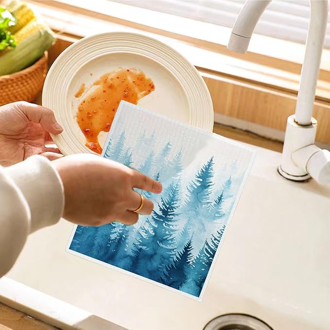 Winter Tree Christmas Swedish Dishcloths for Kitchen, Swedish Dish Cloths for Pine Tree, Papaya Reusable Paper Towels, 4 Pack Dish Towels for Kitchen, Reusable Paper Towels Washable