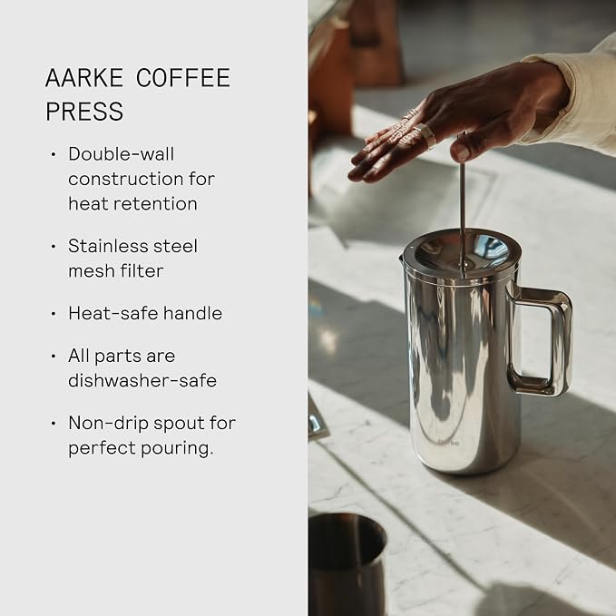 aarke Coffee Press - Premium 100% Stainless Steel Coffee Maker, 34oz (1L) Insulated Double-Walled Vacuum Body with Cool-Touch Exterior and Precision Mesh Filter