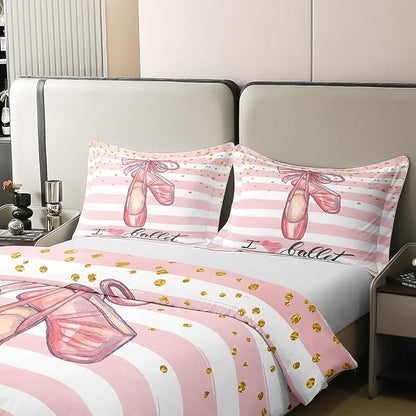 Ballet Shoes 100% Natural Cotton Duvet Cover Set King Size Pink White Stripes Comforter Cover with 2 Pillowcases Glitter Polka Dot Pattern Bedding Set for Bedroom Birthday Gifts(No Filler)
