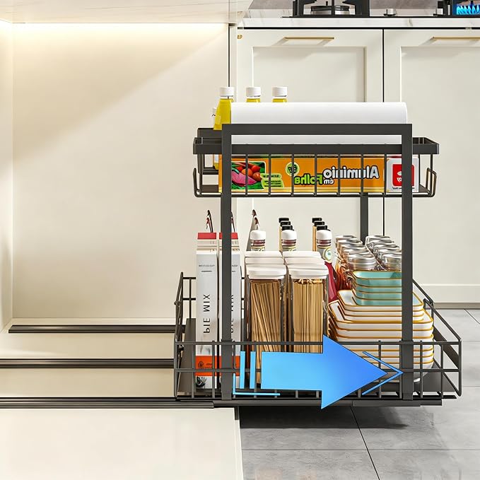 Expandable Pull Out Cabinet Organiser, No Drill Adhesive Slide Out Kitchen Drawer Shelf Durable Metal for Under Sink, Cupboard, Pantry, Adjustable Width (12.8"-19.7")