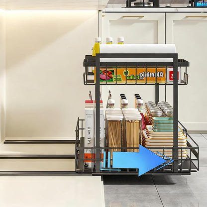 Expandable Pull Out Cabinet Organiser, No Drill Adhesive Slide Out Kitchen Drawer Shelf Durable Metal for Under Sink, Cupboard, Pantry, Adjustable Width (12.8"-19.7")
