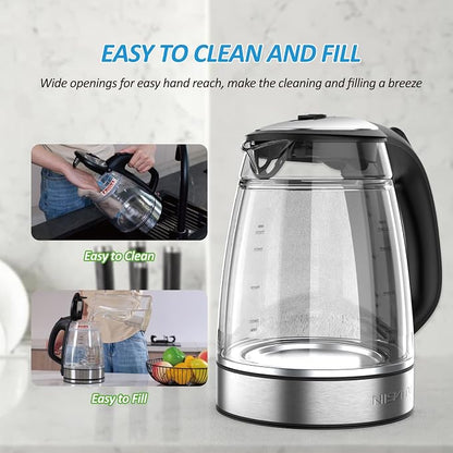 NISVITU 1.7L Dual Wall Cool Touch Electric Kettle, BPA-Free Borosilicate Glass Inner, PC Outer, 1500W Fast Boil Cordless Hot Water Boiler & Electric Tea Kettle, Keep Warm, Auto Shut-Off, Black